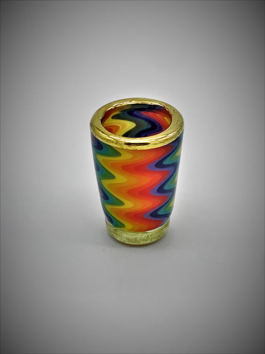 Wavy Gravy Rainbow WigWag Borosilicate Shot Glass with UV Nova Yellow Base and 14k Gold Lip