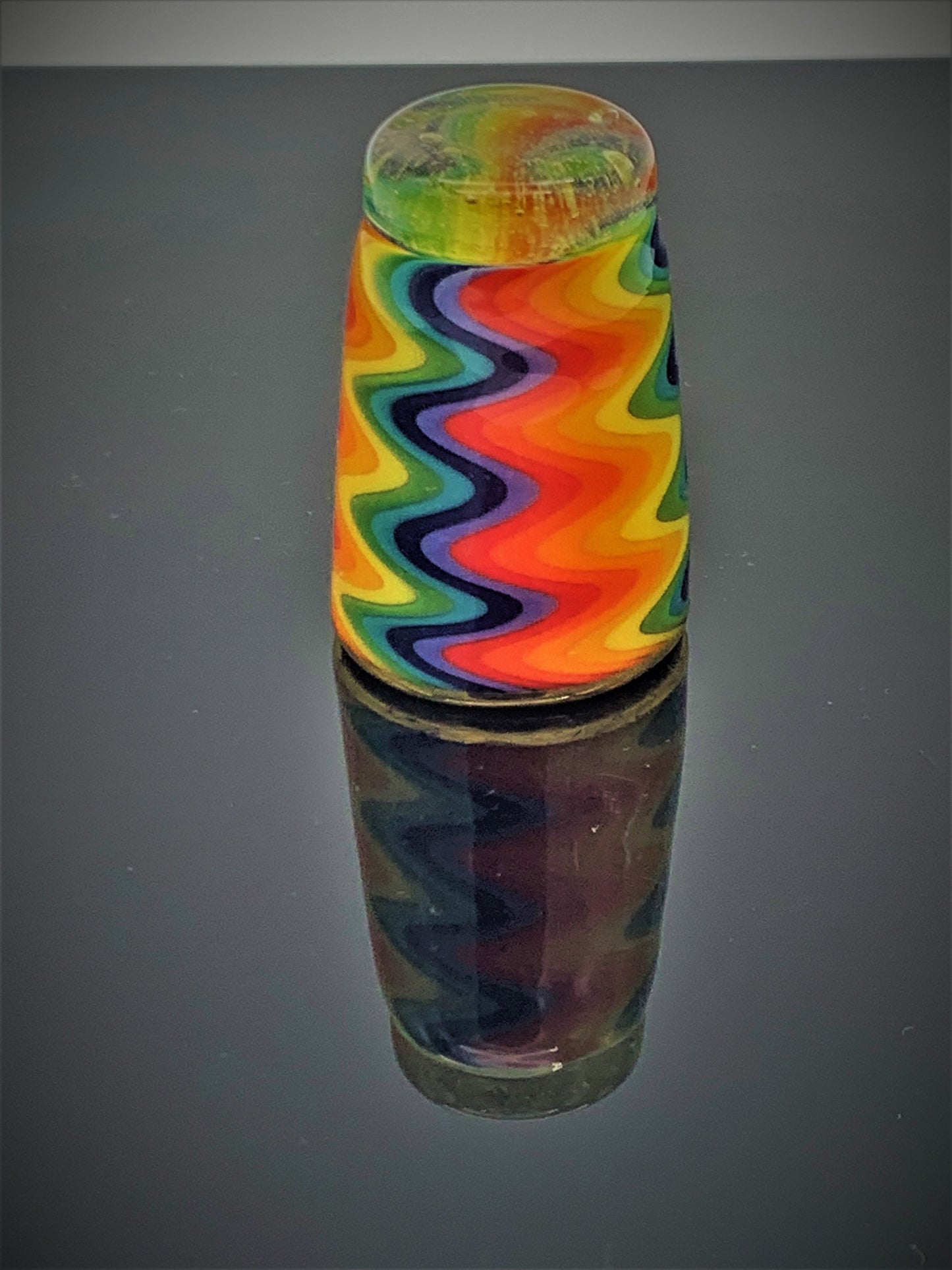 Wavy Gravy Rainbow WigWag Borosilicate Shot Glass with UV Nova Yellow Base and 14k Gold Lip