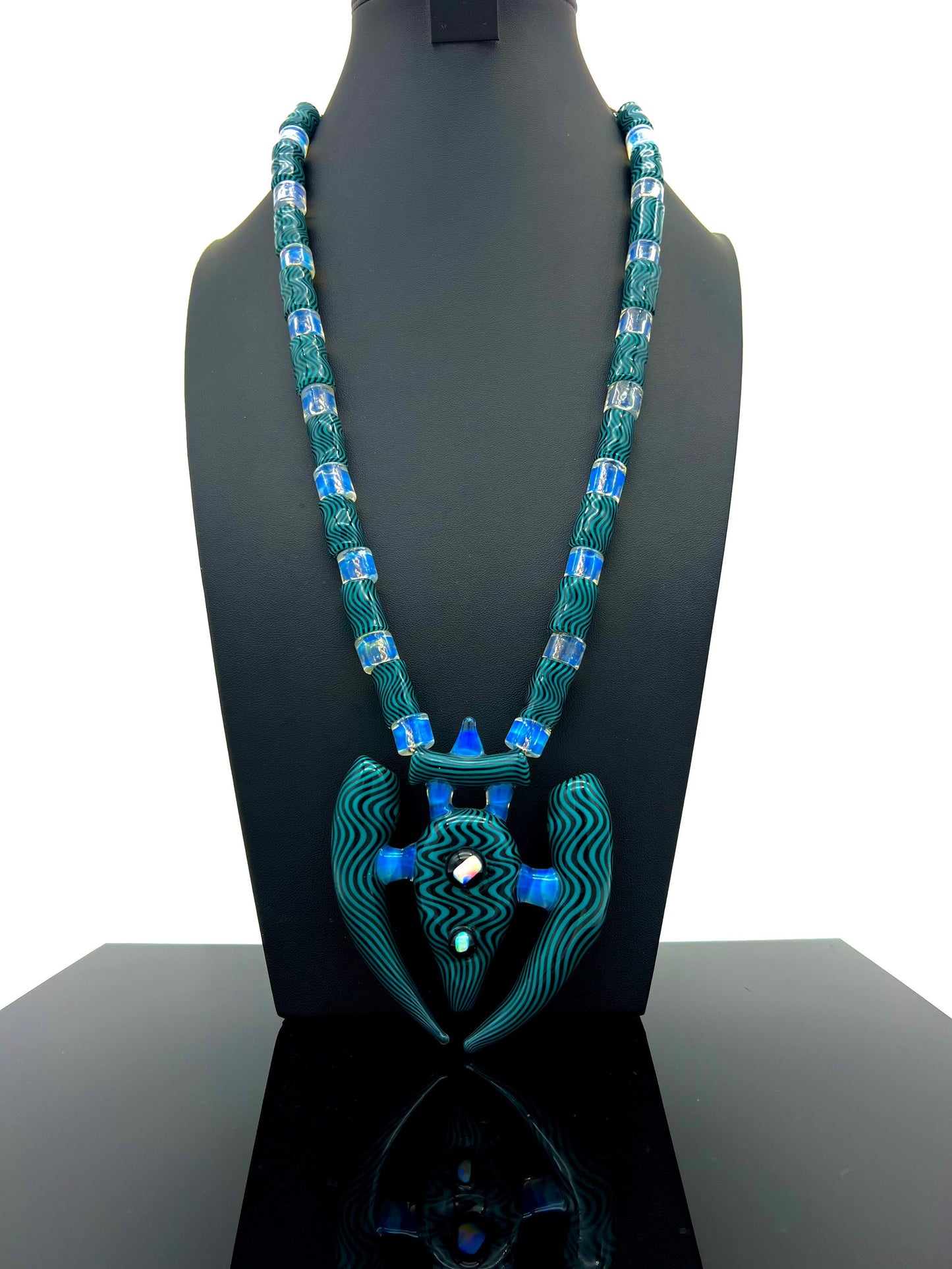 Handmade Heady AquaBird Aqua Blue and Black WigWag with Ghost Accents Full Bead Jewelry Pendant Interstellar Set #2 with Centerpiece