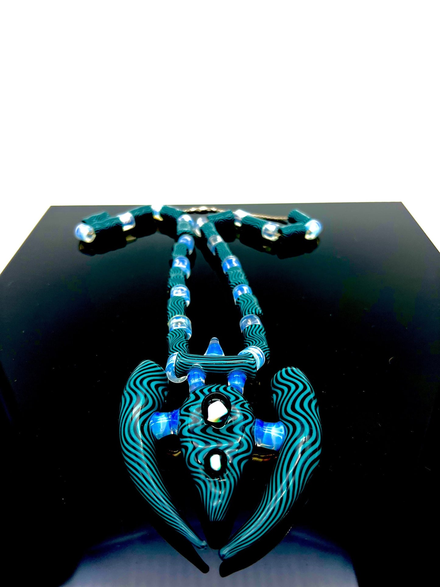 Handmade Heady AquaBird Aqua Blue and Black WigWag with Ghost Accents Full Bead Jewelry Pendant Interstellar Set #2 with Centerpiece